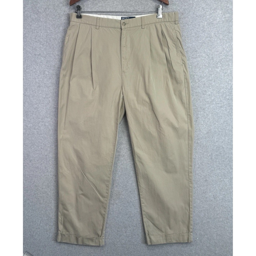 VTG Polo Ralph Lauren Mens Hammond Chino Pants Khaki 38W x 30L Cotton Cuff Pleat